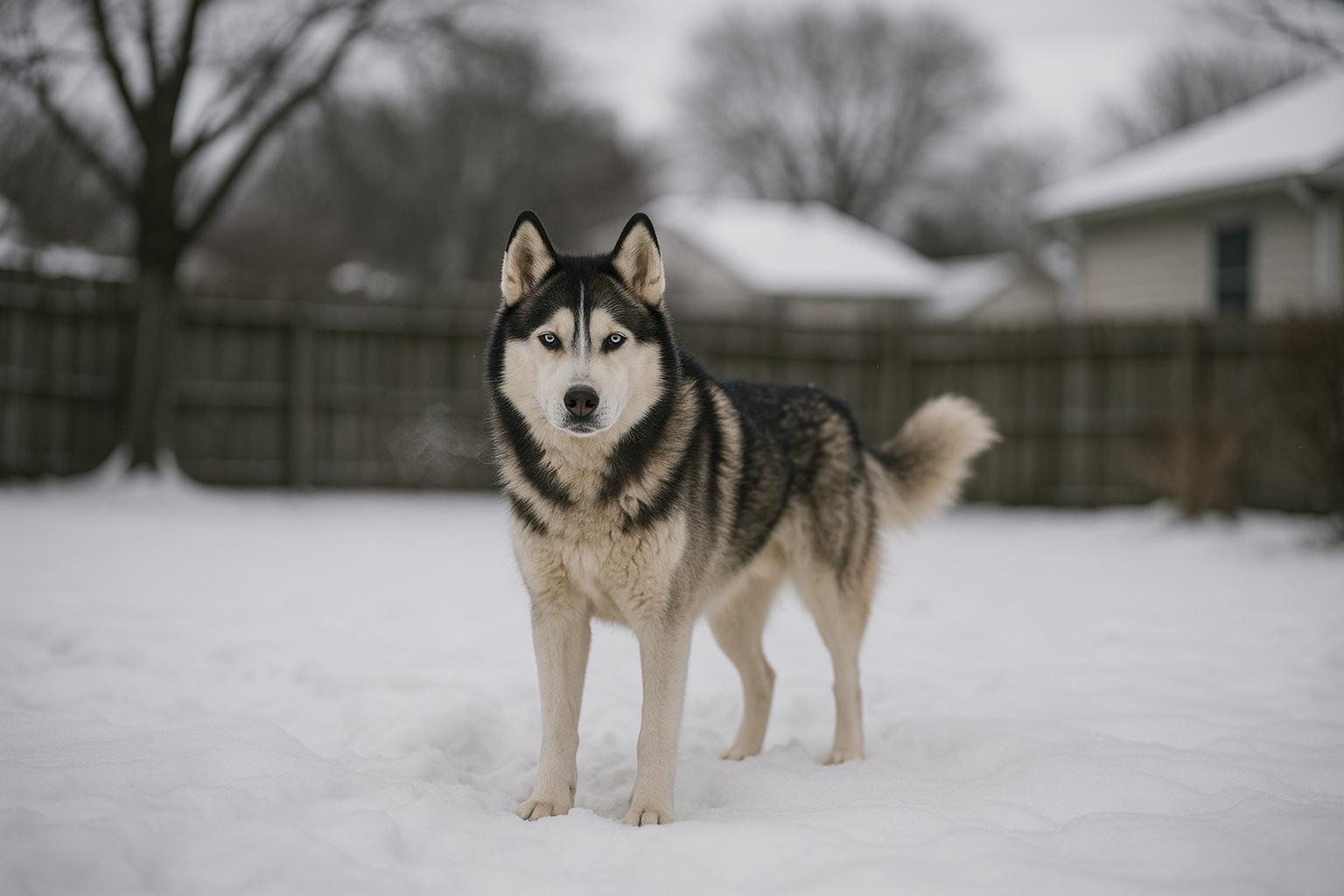 Siberian husky standing in a snow-covered suburban backyard with visible breath in cold air