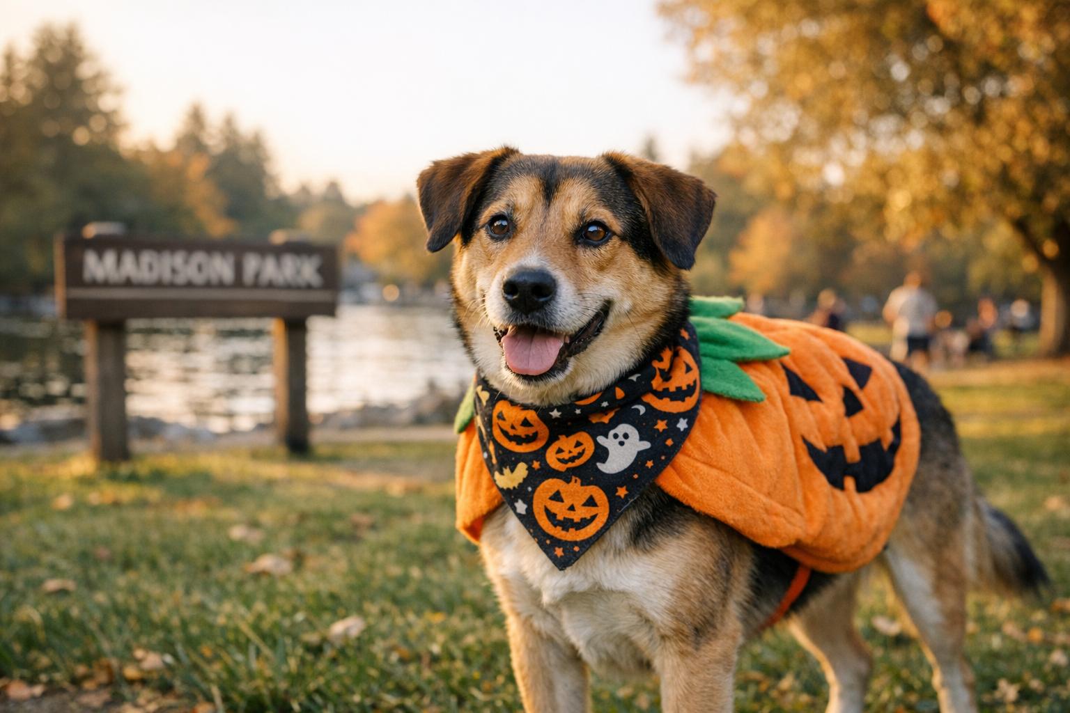 A mixed-breed dog in a pumpkin costume standing on grass in a park at golden hour