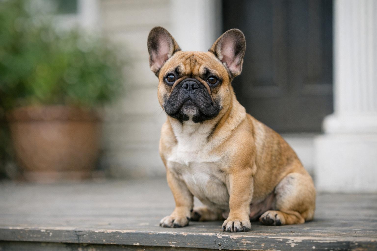 A one-year-old French bulldog sitting on a suburban front porch in overcast light, looking alert