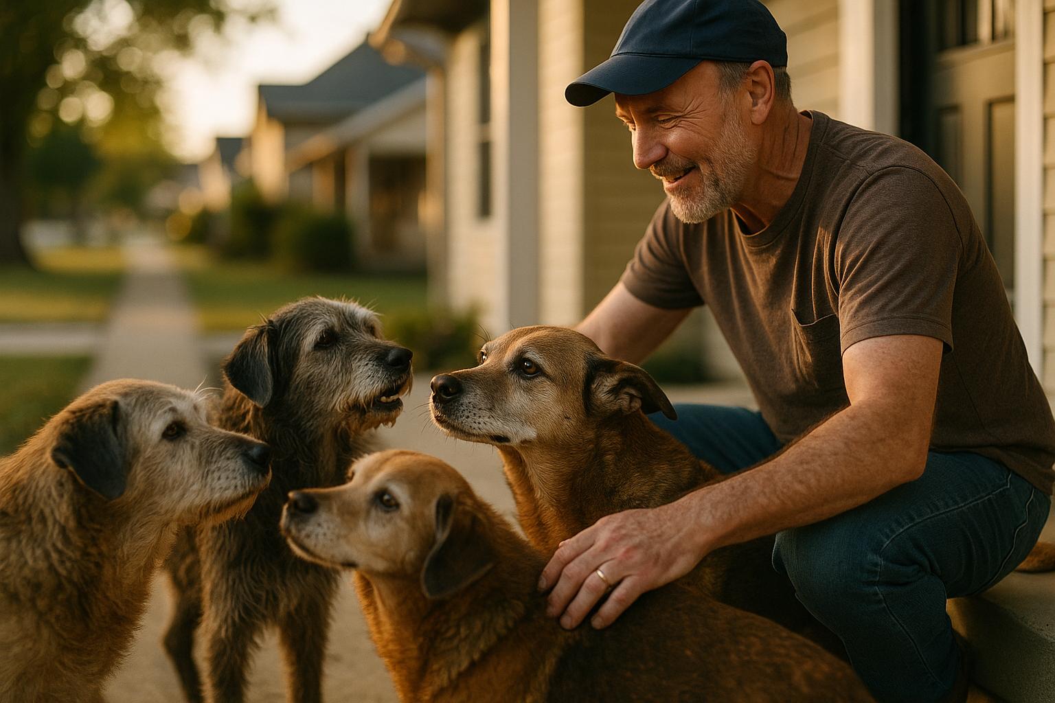 Steve Greig with several senior dogs on his Newark, Ohio, front porch at golden hour.