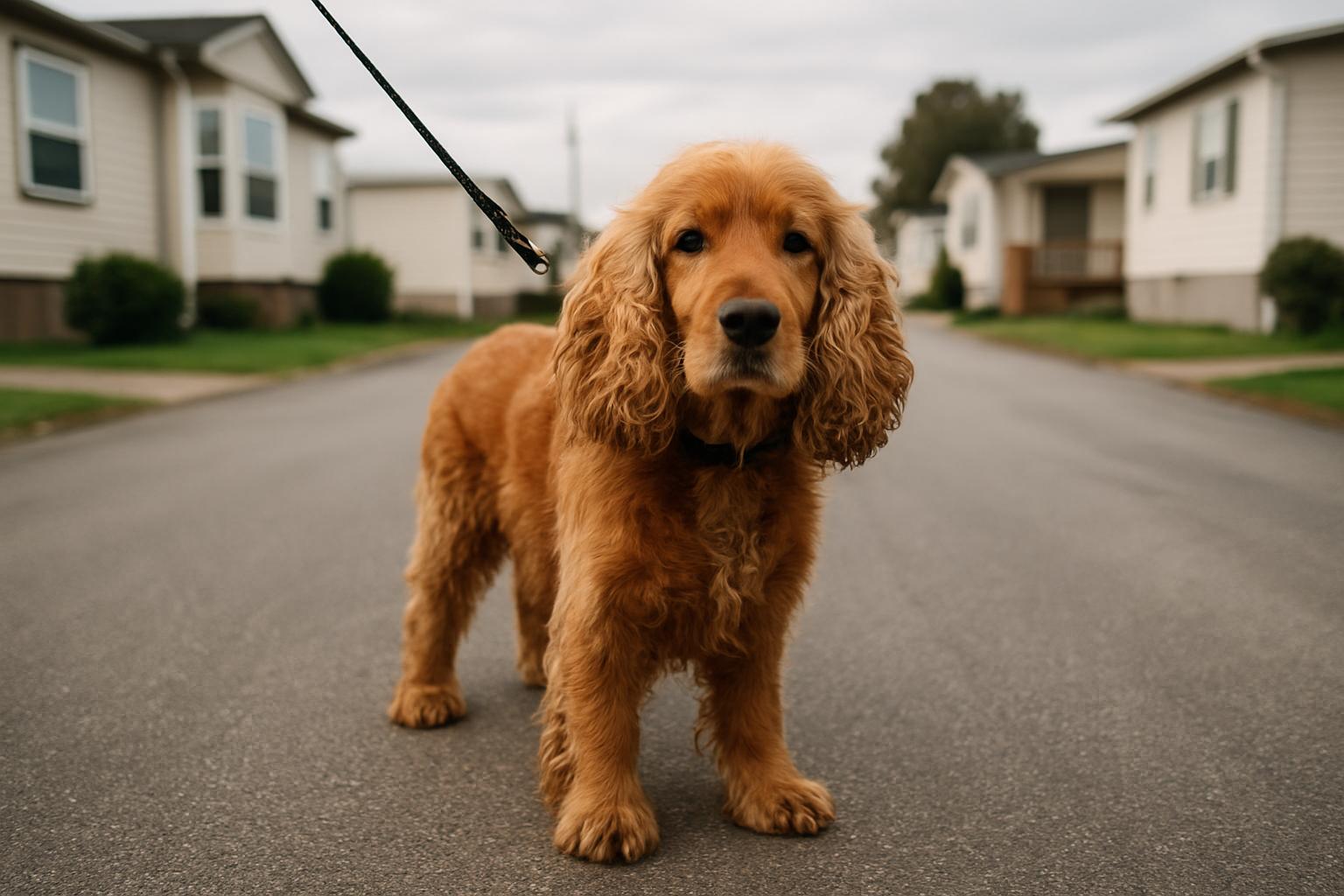 A leashed cocker spaniel standing on grass in front of mobile homes at Oakwood Villages, overcast daylight