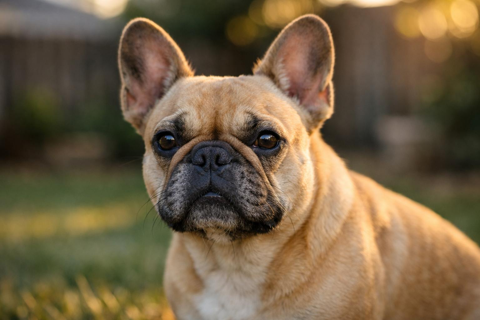 French bulldog in suburban backyard with golden hour light, close-up portrait