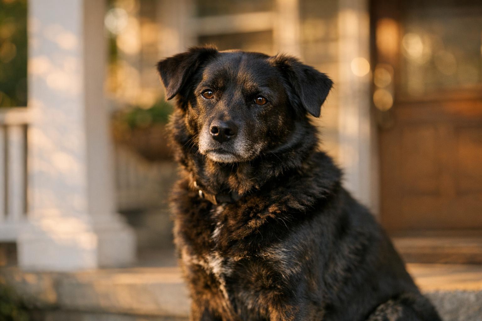 Medium-sized mixed-breed black dog sitting calmly on a porch in late afternoon light