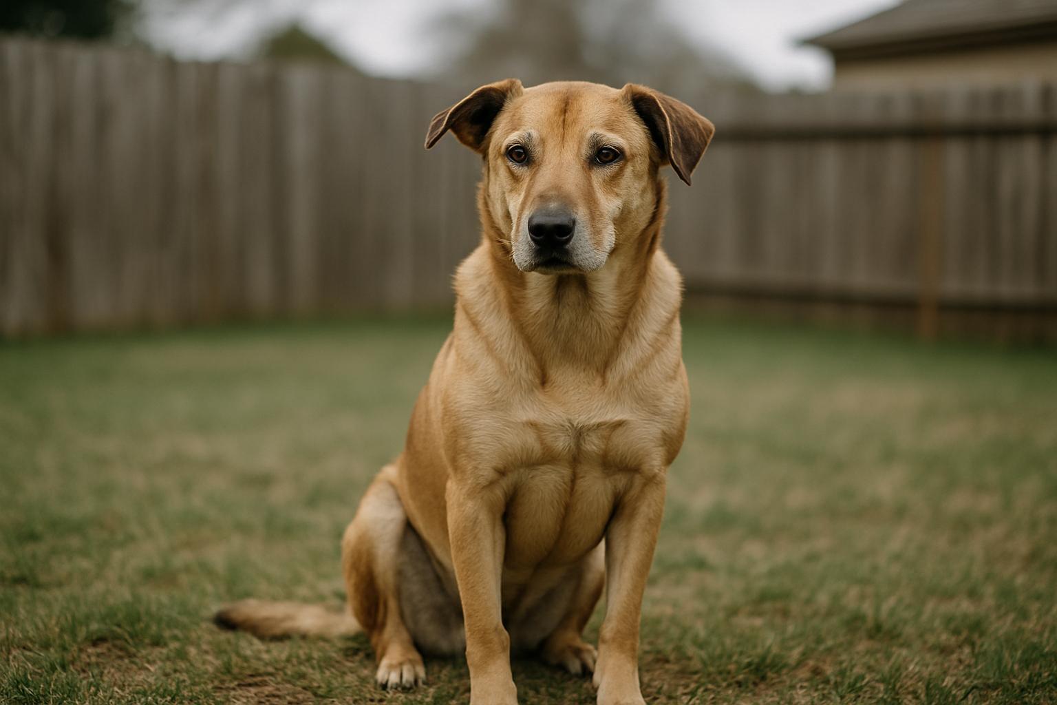 Lean mixed-breed dog sitting calmly in a suburban backyard, soft overcast light