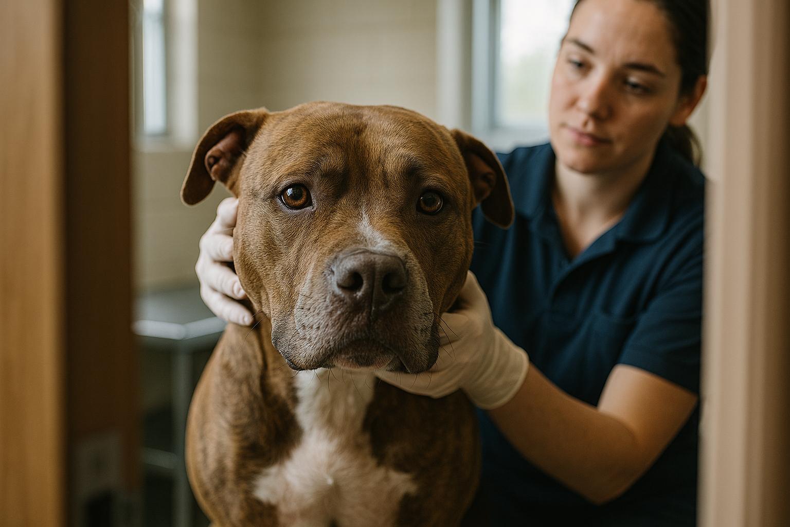 Pit Bull in a shelter exam room being examined by an animal welfare worker, close-up portrait with natural light