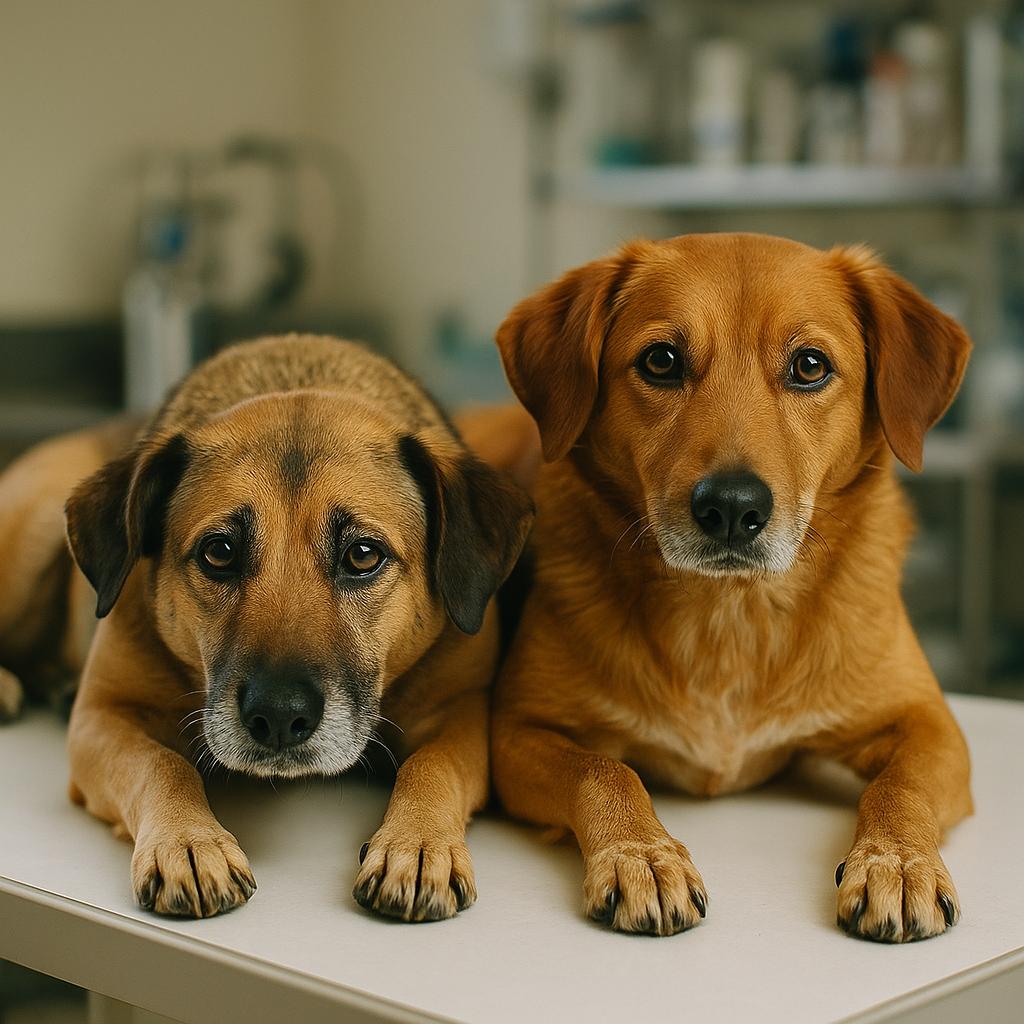 Two dogs on a veterinary exam table receiving care, realistic fur detail, clinic background blurred