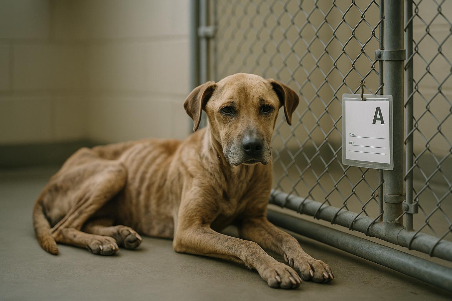 A malnourished medium-sized mixed-breed dog resting in a shelter kennel under soft overcast light.