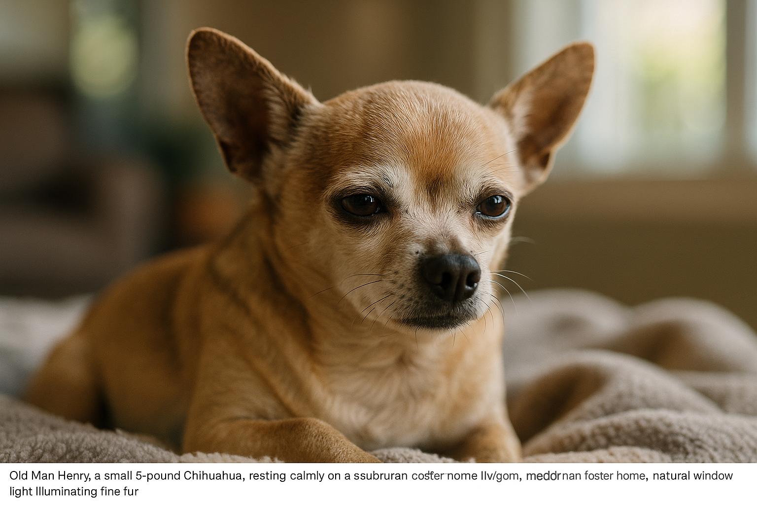 Old Man Henry, a 5-pound Chihuahua, resting on a blanket in a foster home