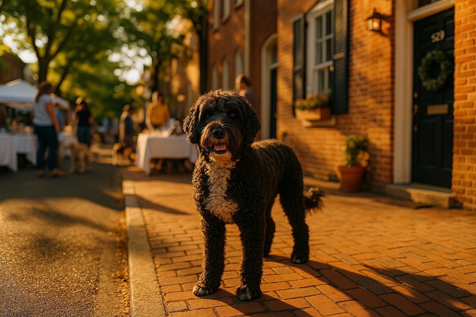 A Portuguese Water Dog on a sunlit sidewalk outside the Olde Towne School for Dogs during an anniversary sidewalk party, with vendor tables and people in the background.