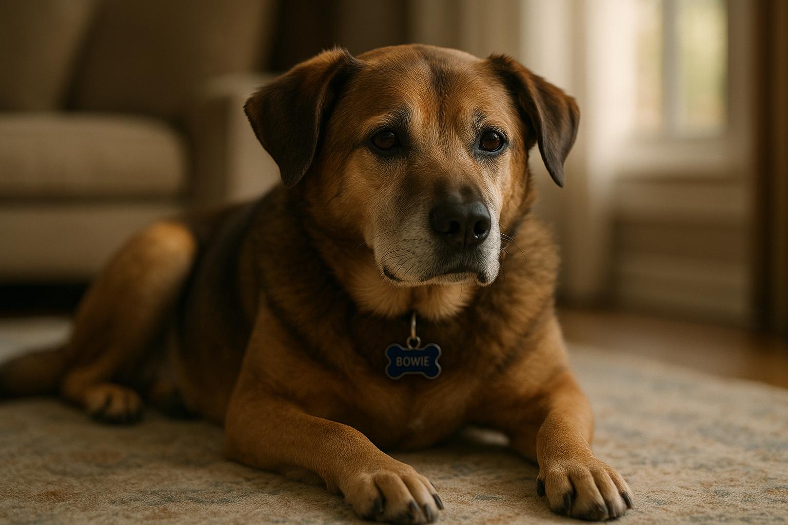 An older medium-sized dog named Bowie lying on a living room rug in gentle afternoon light, showing grey around the muzzle and a calm expression.