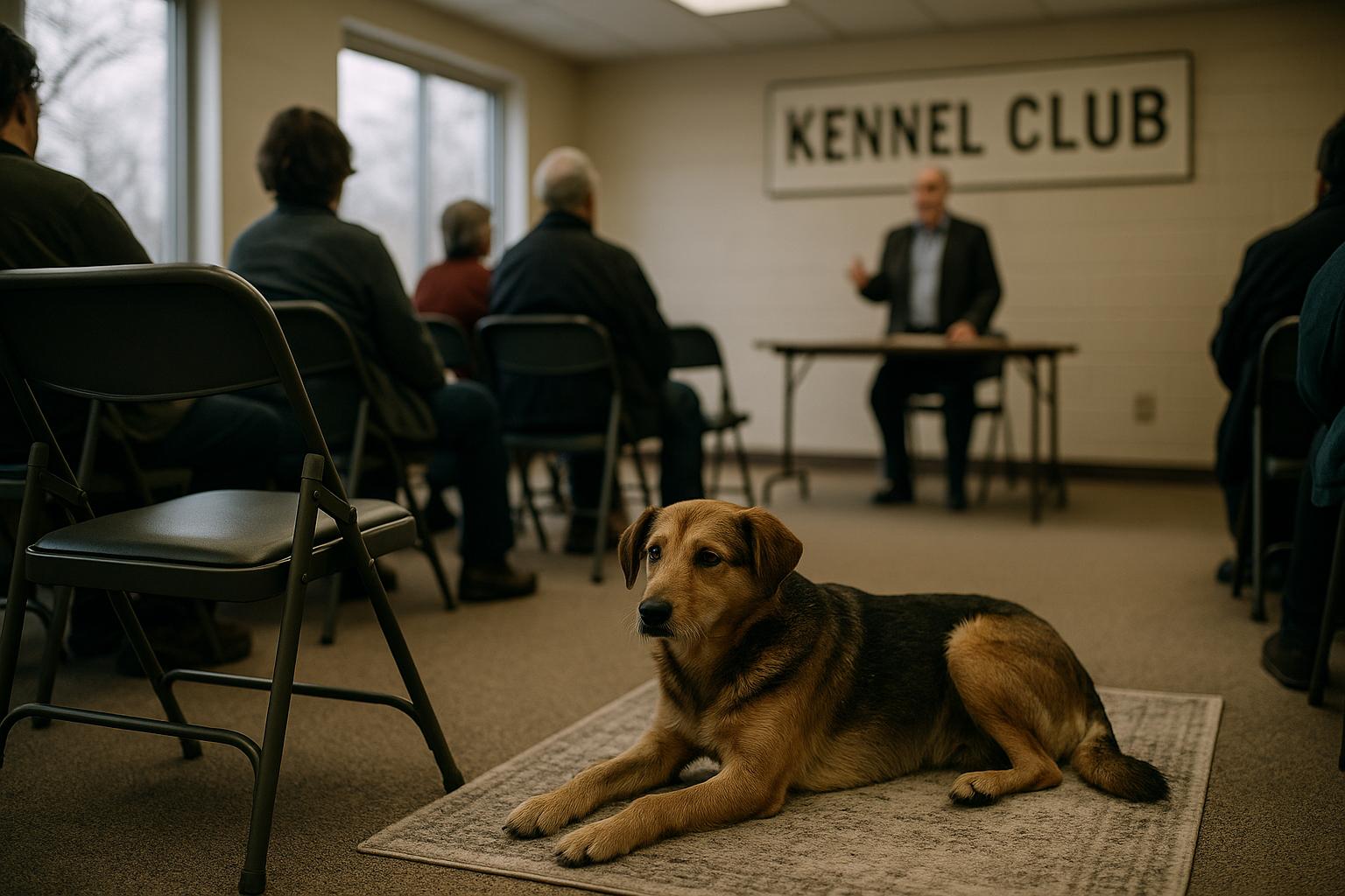 A mixed-breed dog in a kennel club meeting room as members listen to a speaker
