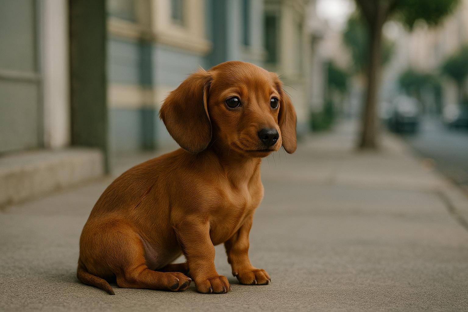 A small mini dachshund puppy sitting on a porch in soft morning light, showing a faint scratch on its back.