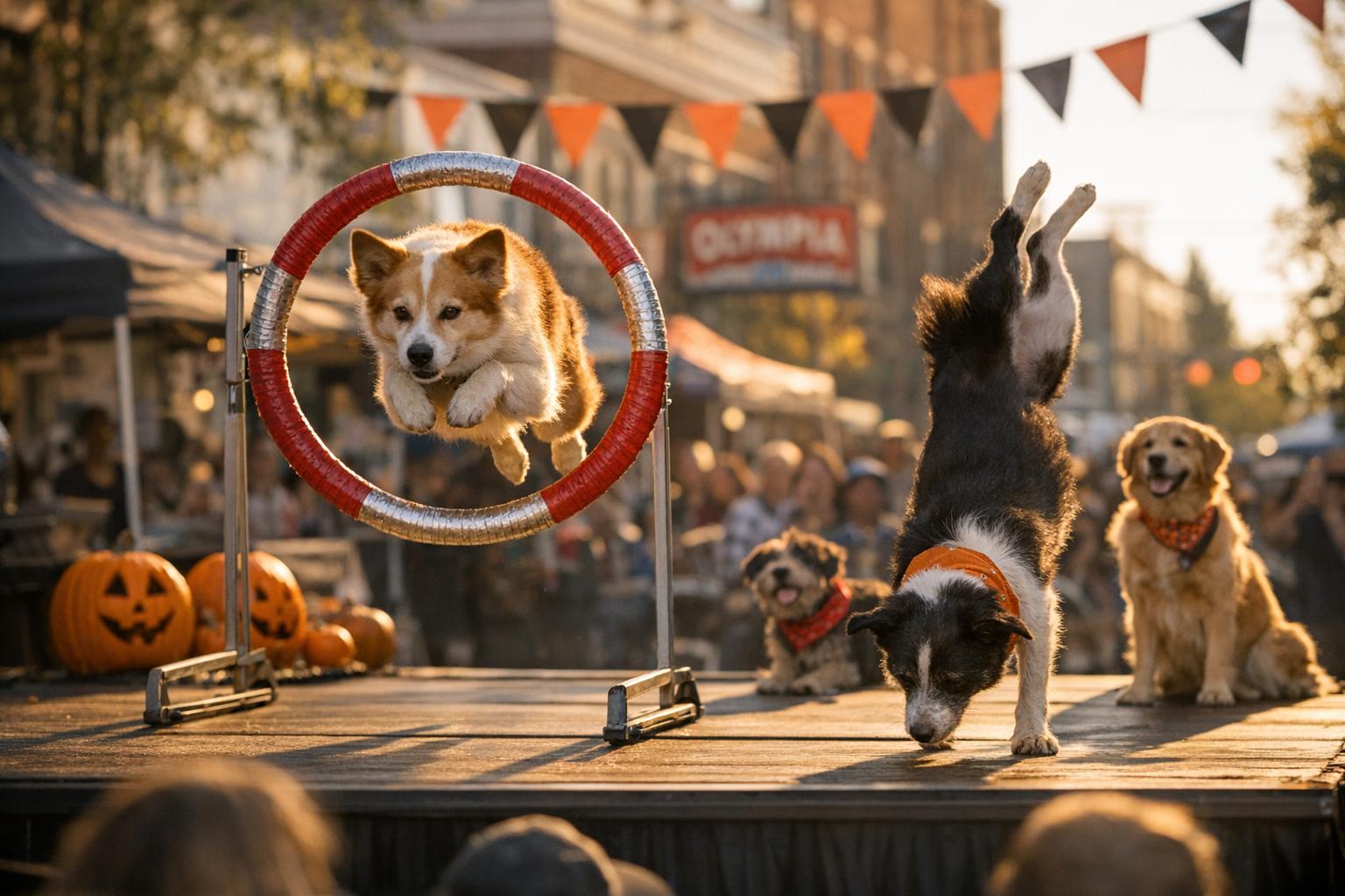 Rescue dogs performing tricks at a downtown Olympia Halloween dog show, with pumpkins and festival decorations in the background
