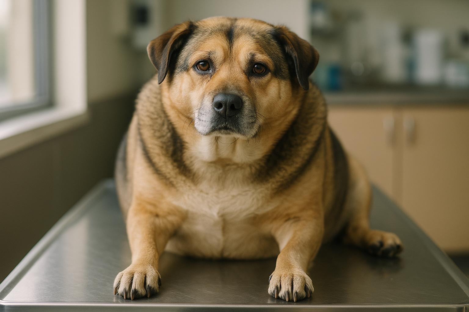Overweight mixed‑breed dog on a veterinary exam table under soft natural light