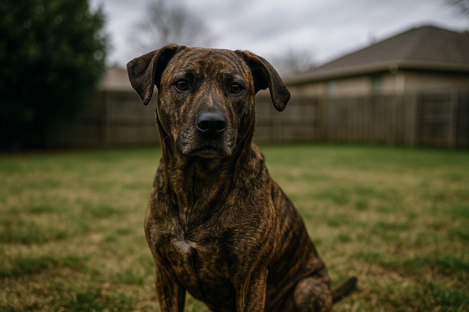 Adult mixed-breed dog sitting in a suburban backyard under soft overcast light
