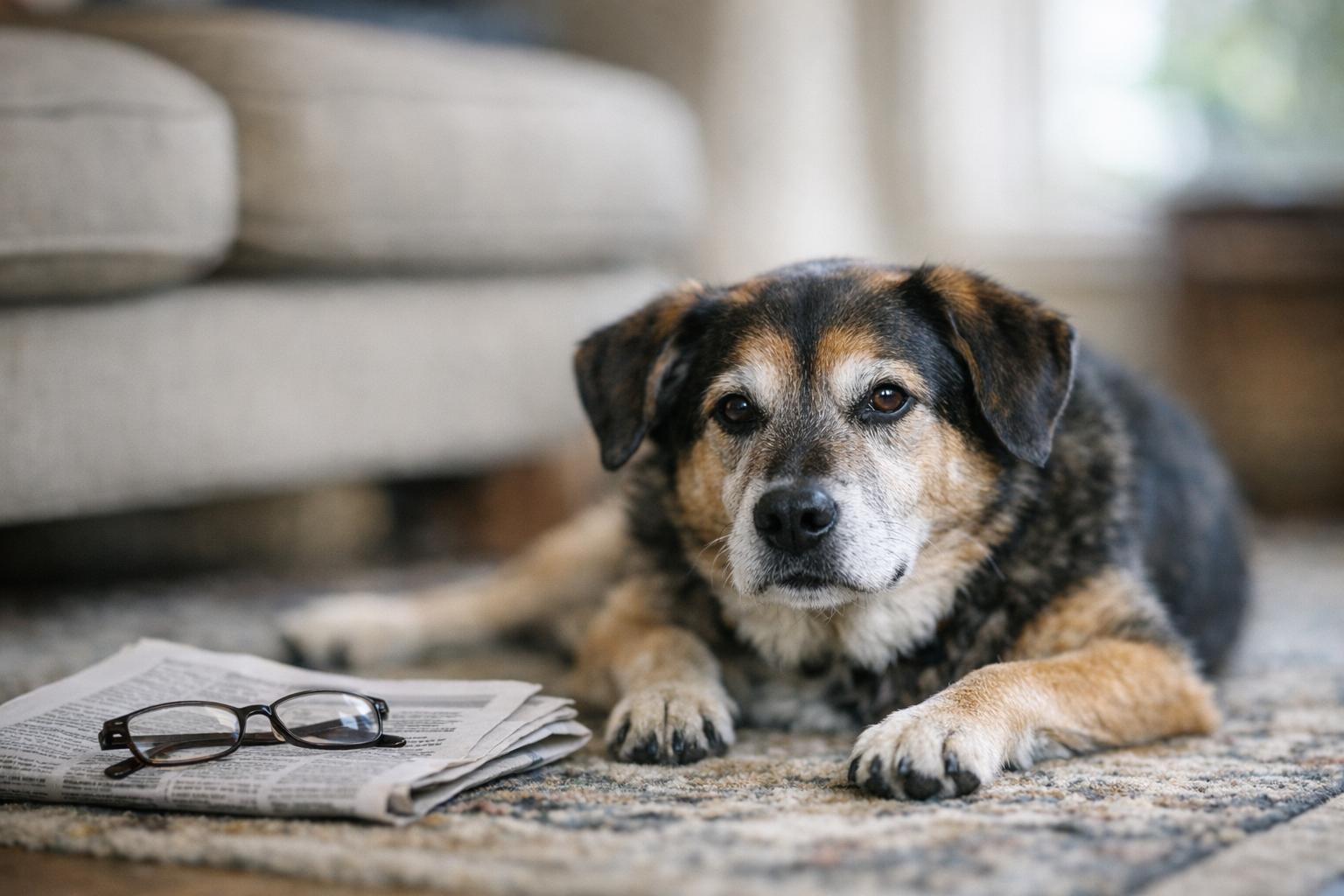 A medium-sized mixed-breed dog with a graying muzzle resting on a living room rug beside a folded newspaper.