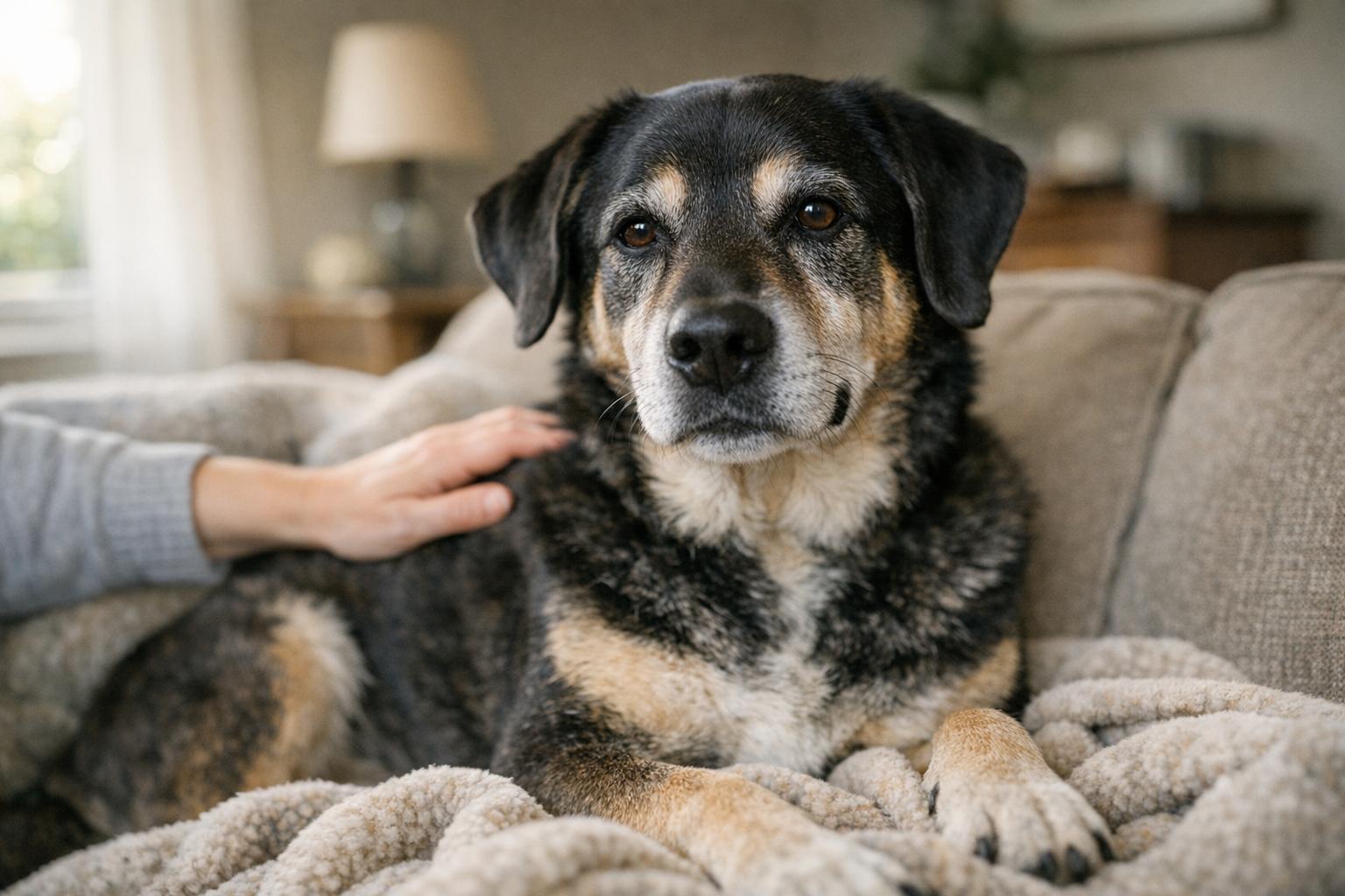 Onyx, a 9-year-old mixed-breed dog, sitting calmly on a couch in a home setting with a volunteer's hand resting gently on his back.