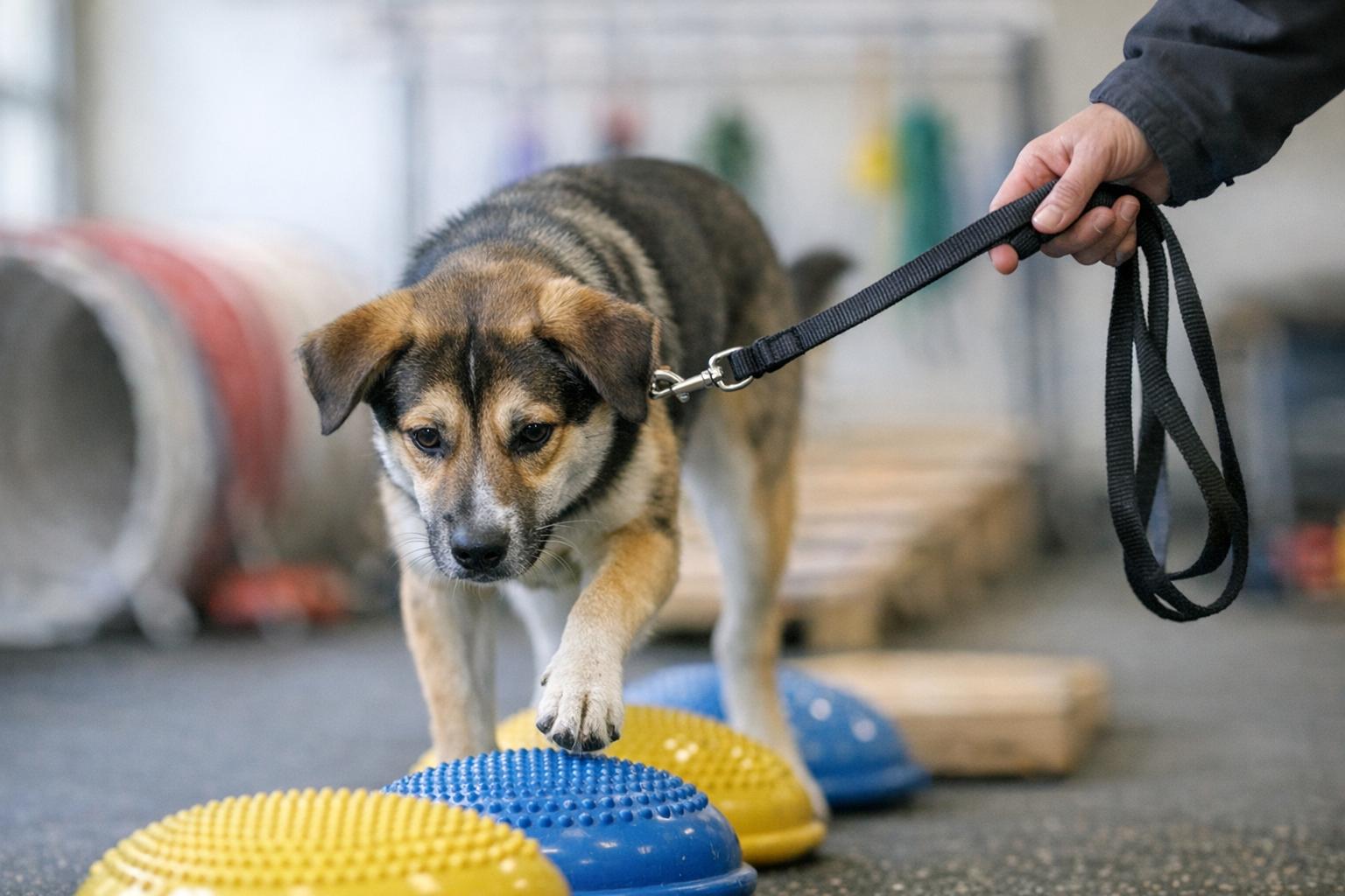 A mixed-breed rescue dog walking through an indoor enrichment area at a training center, guided by a trainer.