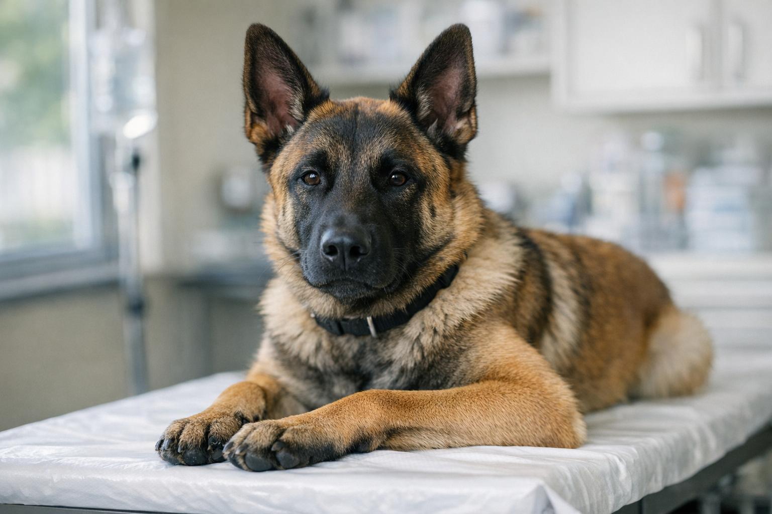Close-up portrait of a nine-month-old Belgian Malinois named Saint on a clinic table, calm expression, natural light.