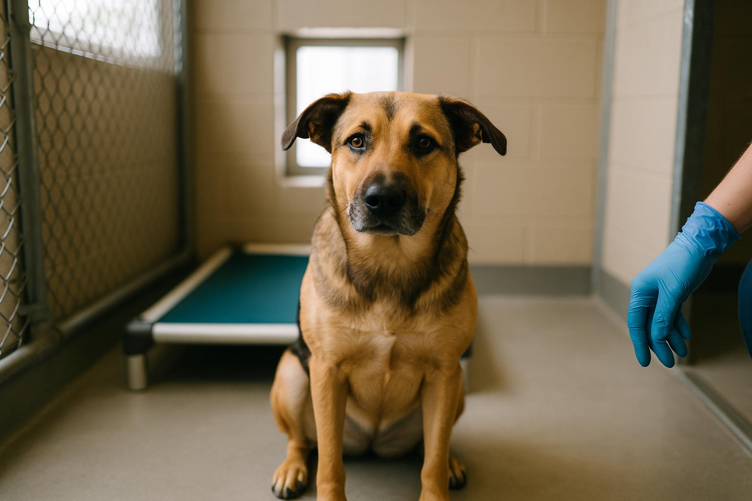 A medium-sized mixed-breed dog sitting calmly in a shelter kennel under natural window light