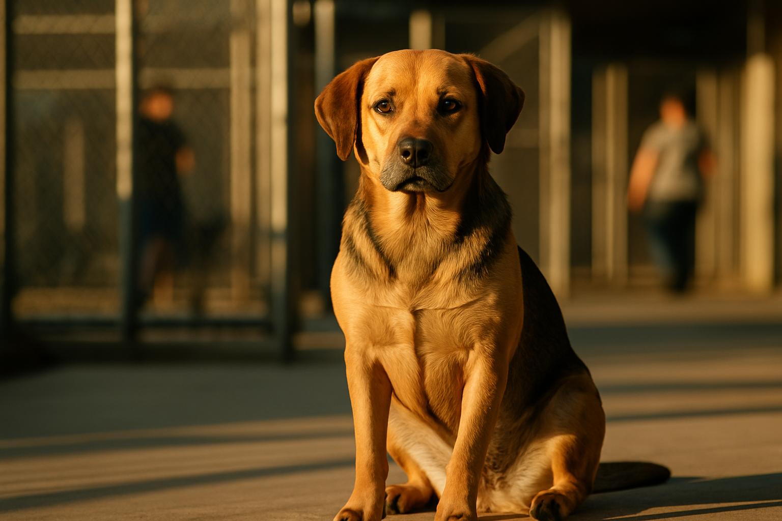 A medium-sized dog (representative of dogs 25 pounds and over) sitting on an outdoor shelter patio during adoption hours