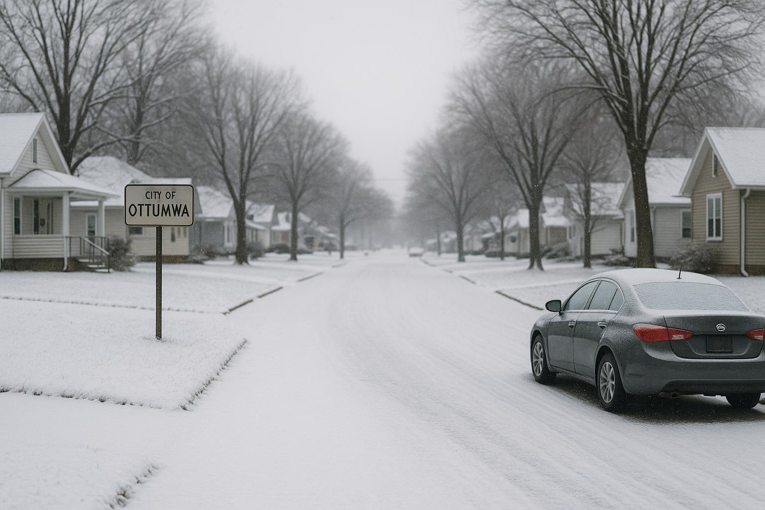 Suburban Ottumwa street after fresh snow, several inches on the ground, overcast sky