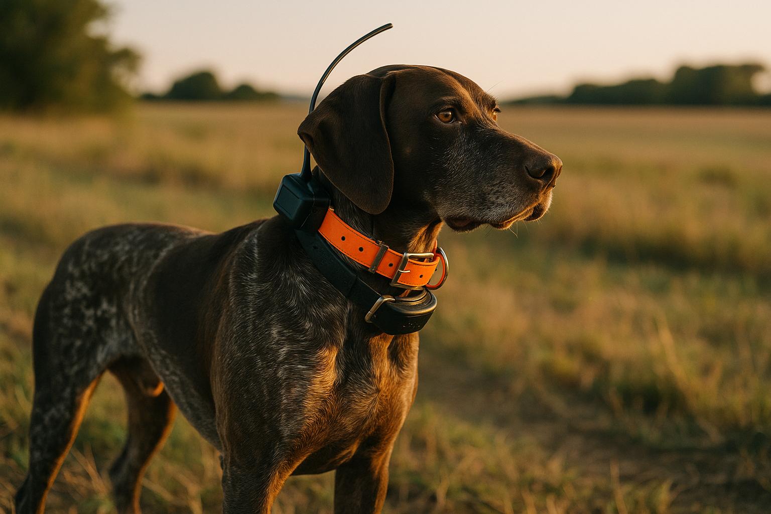 Hunting dog in a field wearing a GPS tracking collar and training collar during golden hour