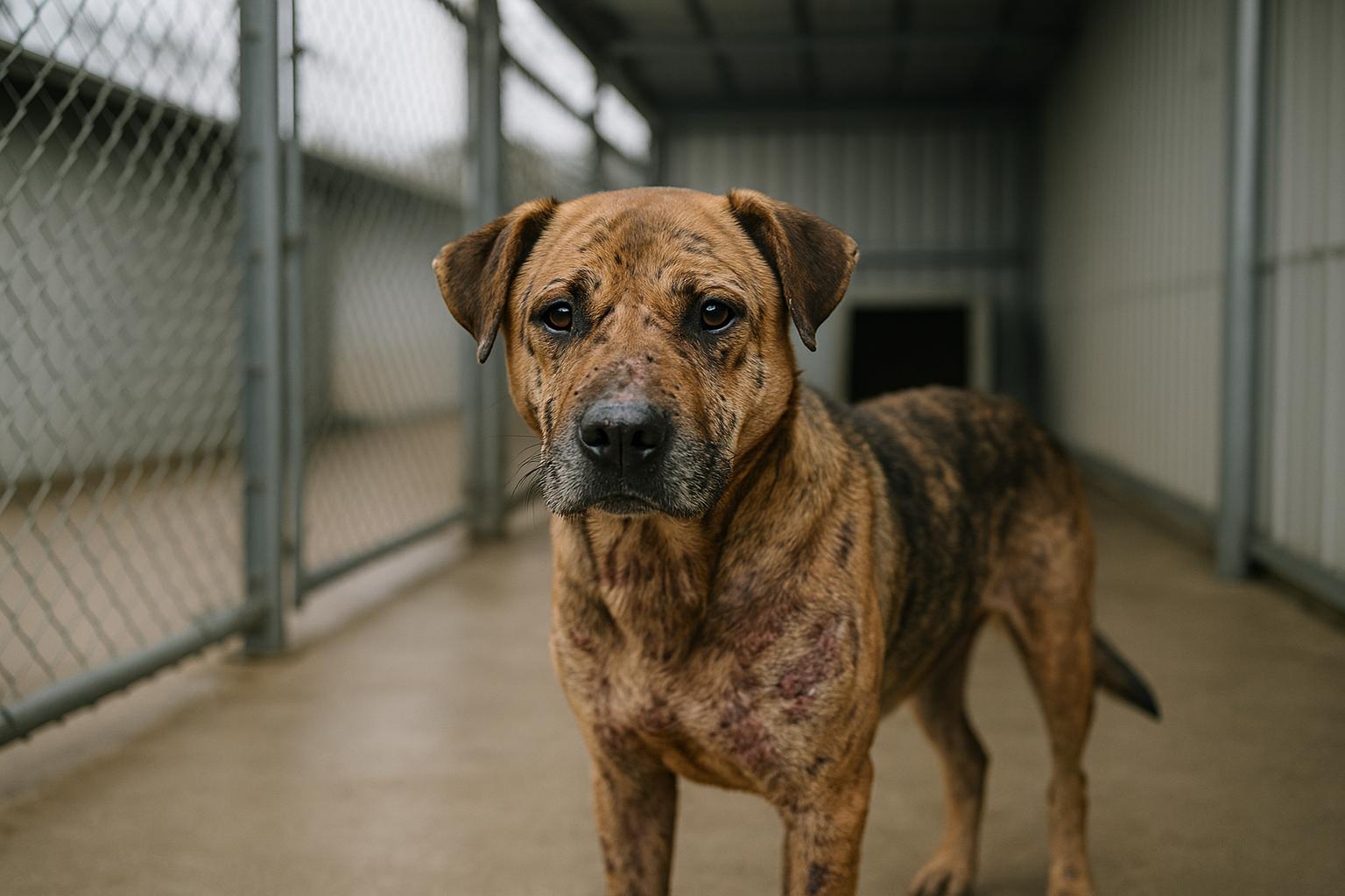 A scarred adult dog standing in a shelter kennel after rescue, photographed in soft natural light