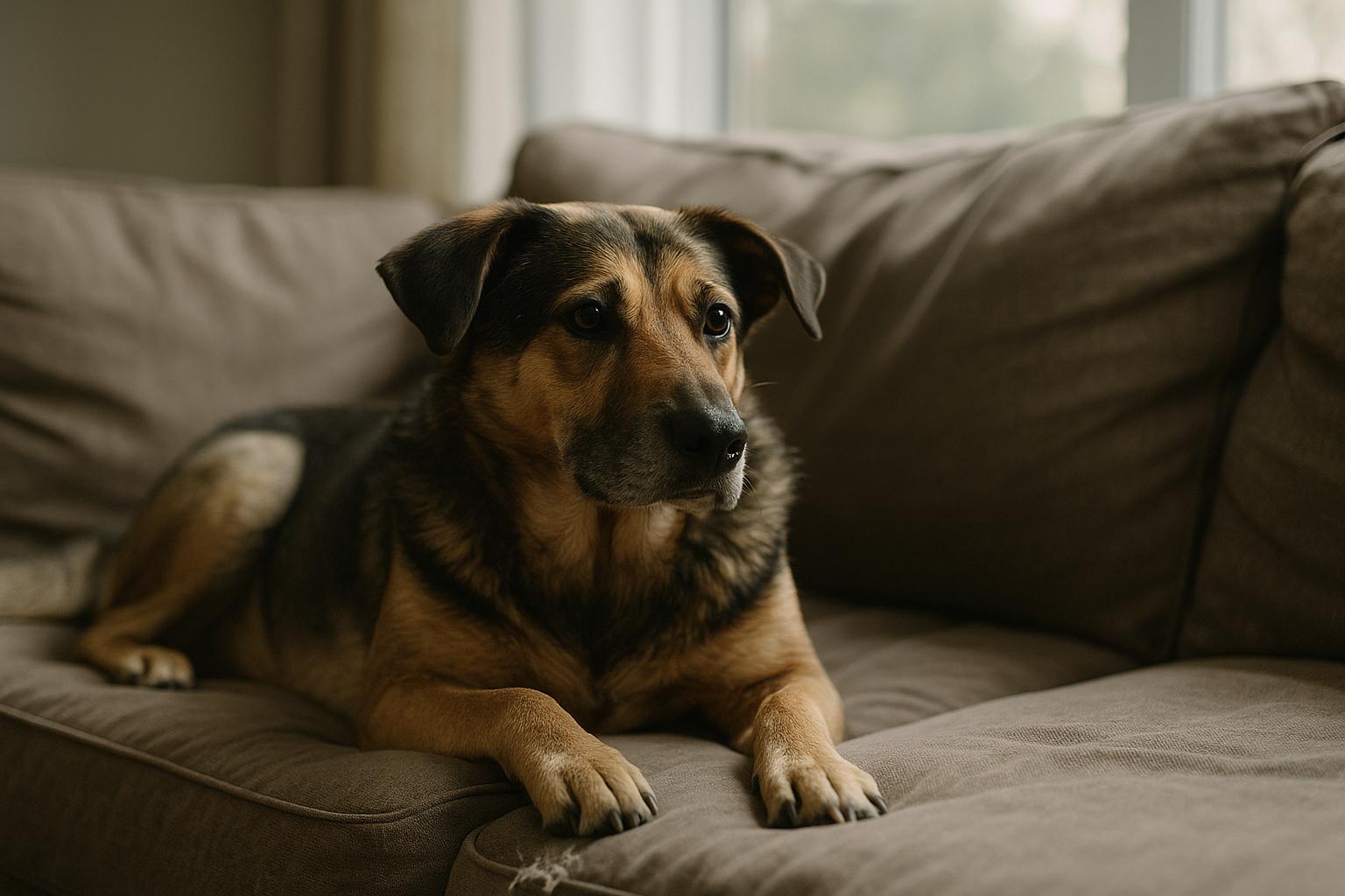 Adult mixed-breed dog resting on a sofa with a chewed cushion visible, soft natural light