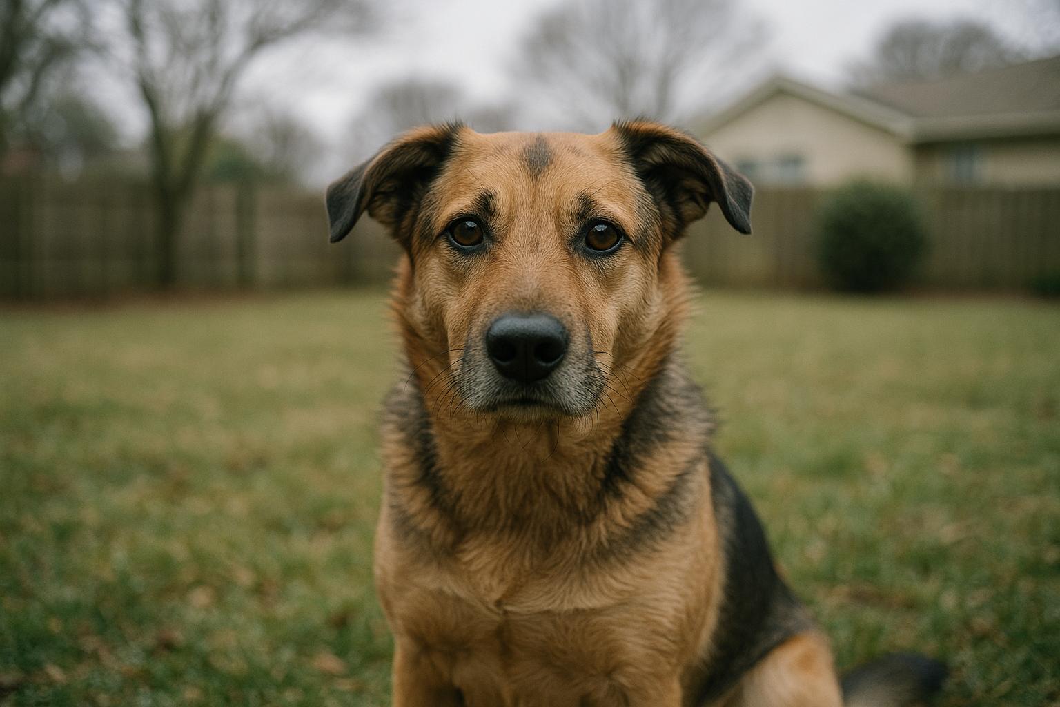 Mixed-breed companion dog sitting in a suburban backyard, soft overcast light