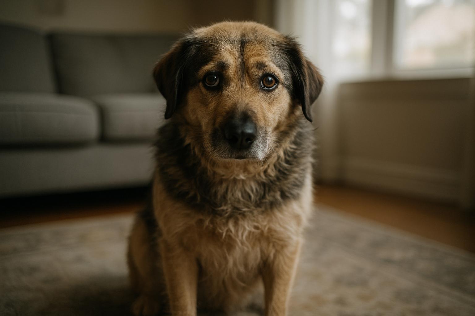 Timid medium-sized mixed-breed dog sitting on a living room rug, looking nervous and subdued