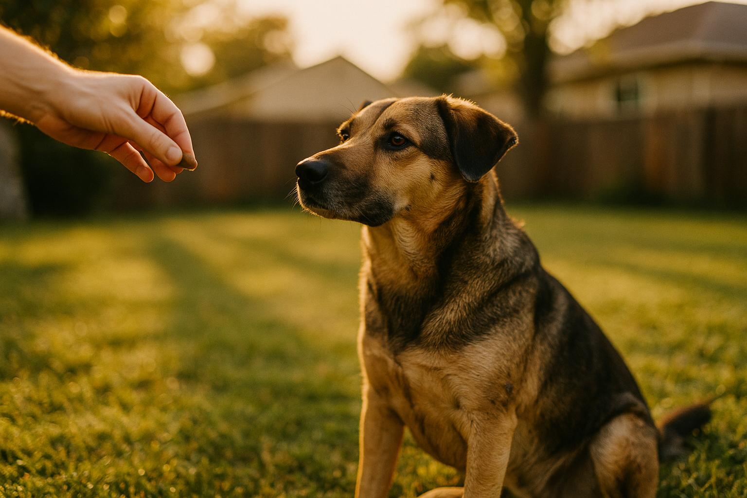A mixed-breed dog sits attentively in a backyard as its owner offers a treat during golden hour