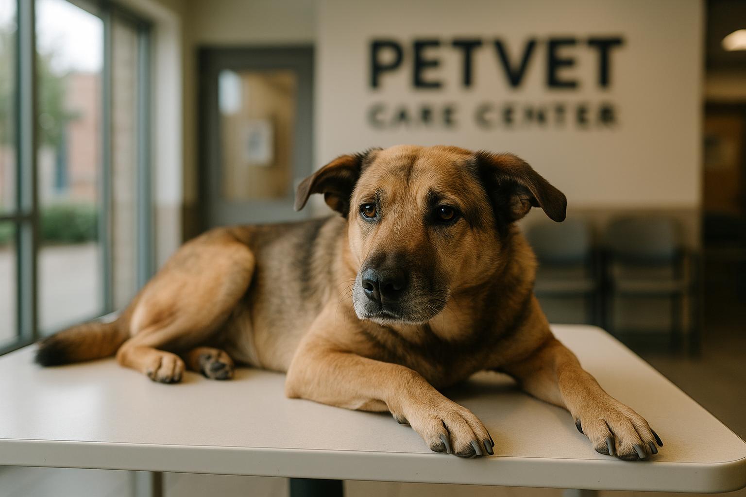 Calm adult mixed-breed dog resting on a veterinary exam table at a clinic