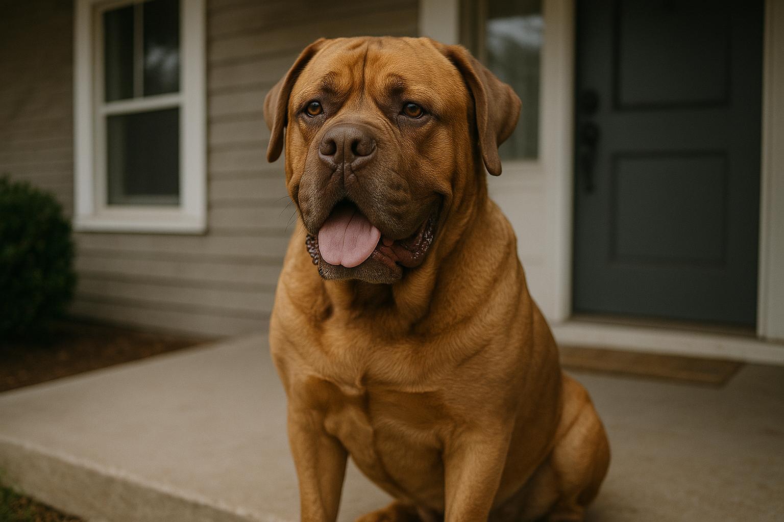Ozzy, a French mastiff and bull mastiff mix from Oklahoma, sitting on a porch with his long tongue visible