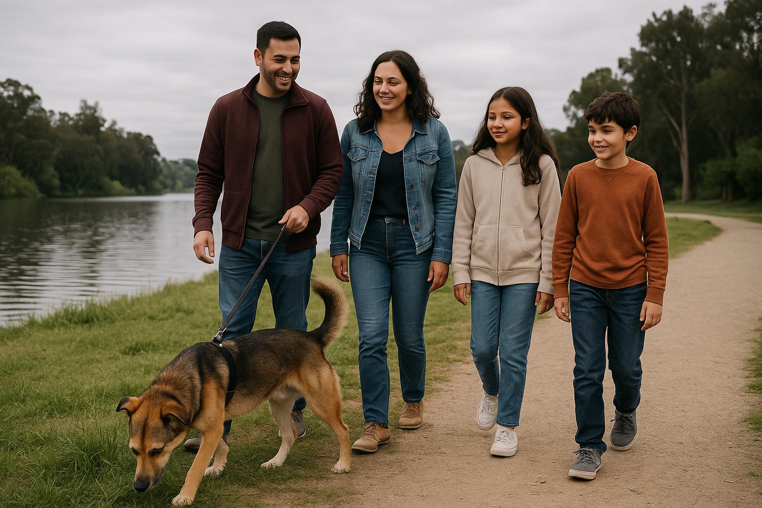 Family walking a mixed-breed dog at Pinto Lake County Park in soft overcast light
