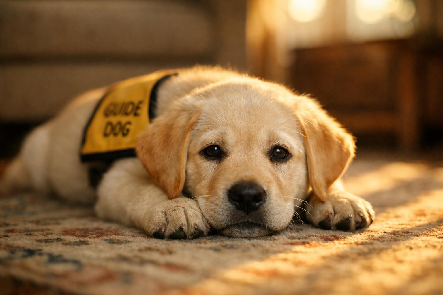 Young guide dog puppy sitting on a living room rug in golden hour light