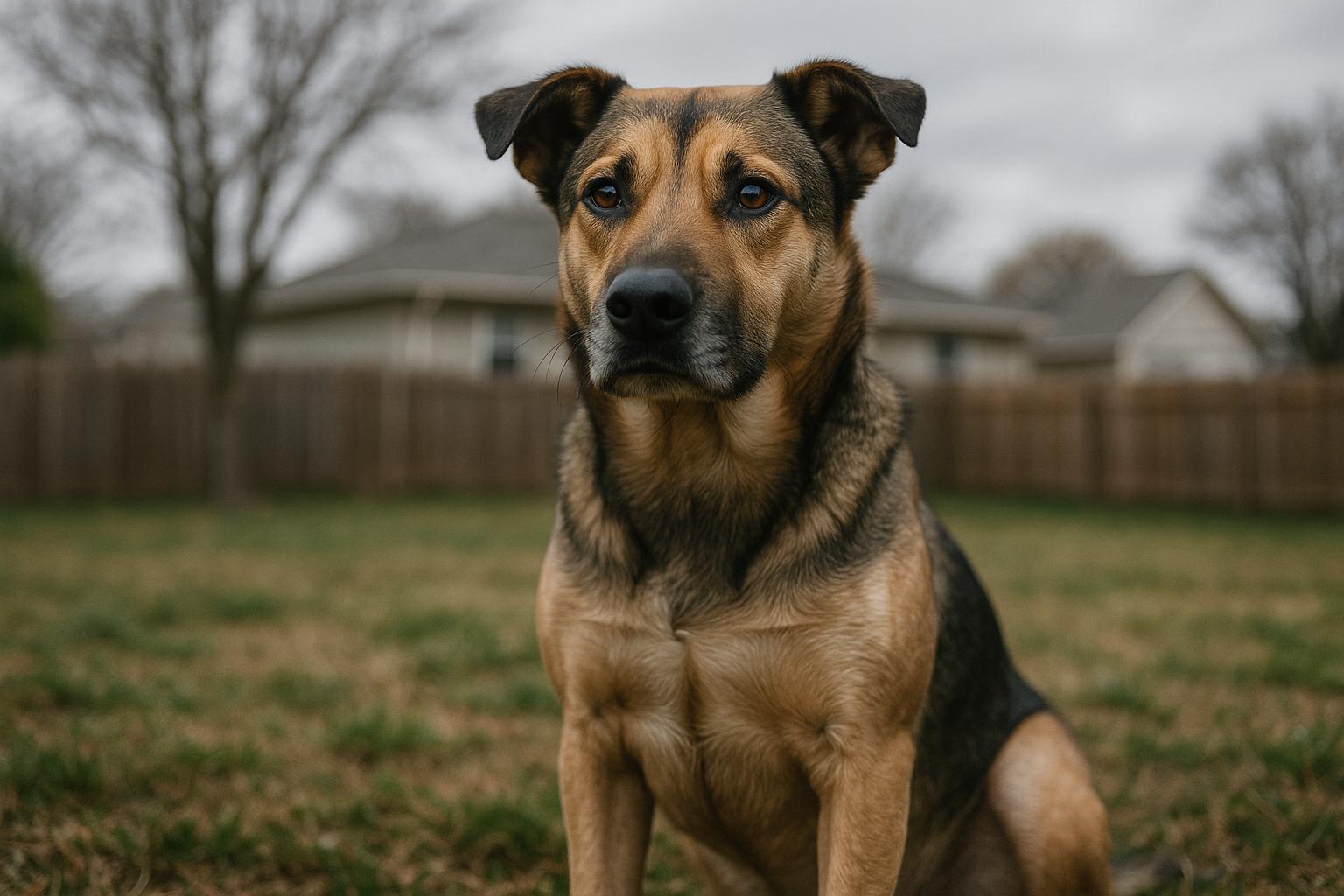 Mixed-breed dog sitting attentively in a suburban backyard, soft overcast light.