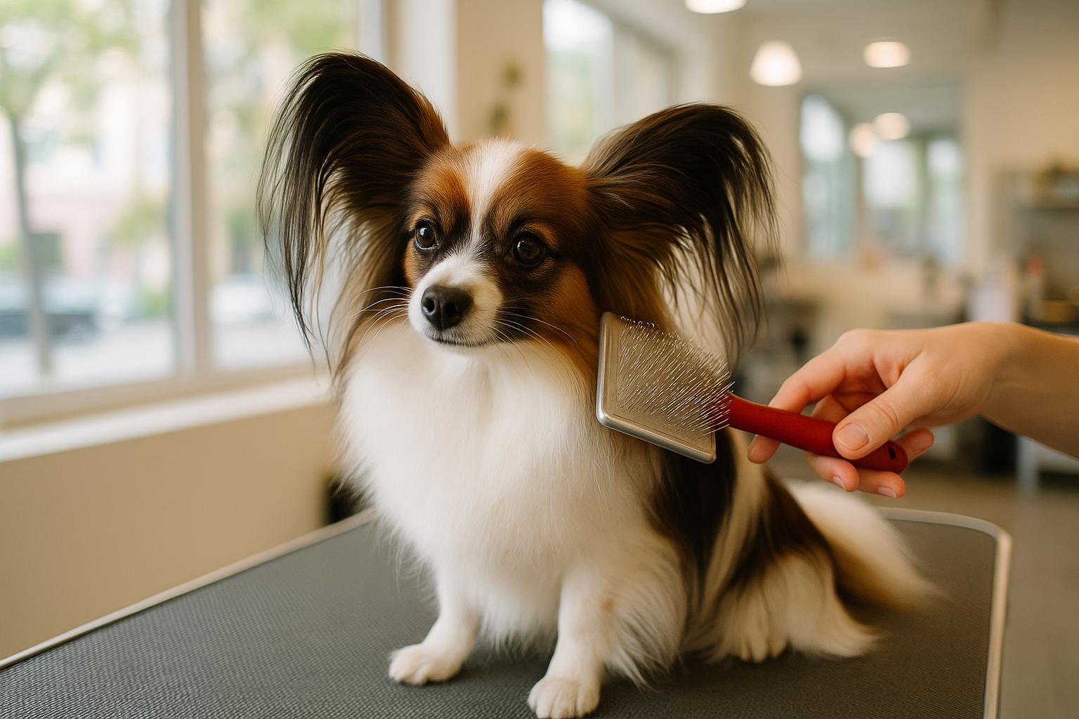 A Papillon with long silky coat being brushed on a grooming table in natural window light