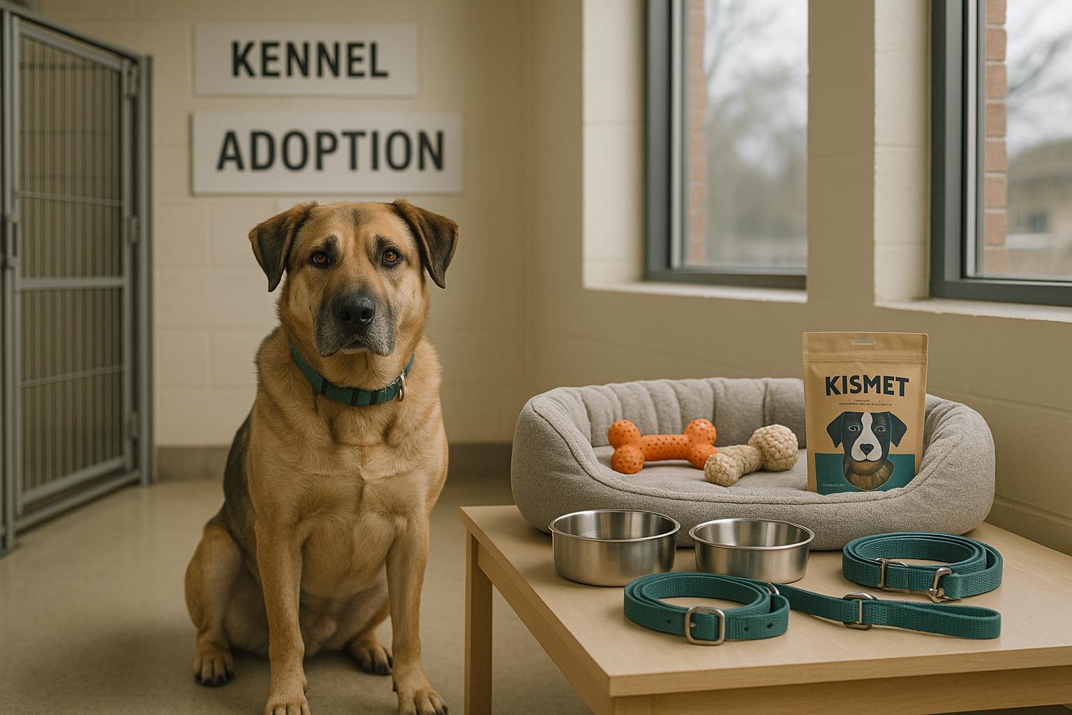 Large mixed-breed dog in a shelter adoption room beside a Care Package with bed, toys, bowls, leash and Kismet treats