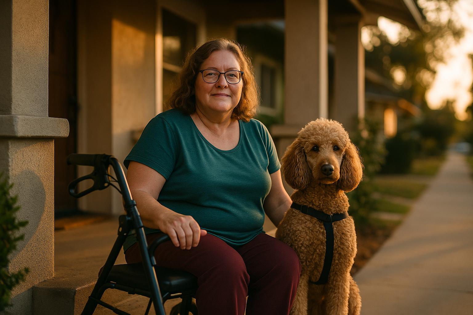 Janie Lynn Heinrich seated on a Pasadena front step with her poodle service dog Phoebe beside her in golden-hour light