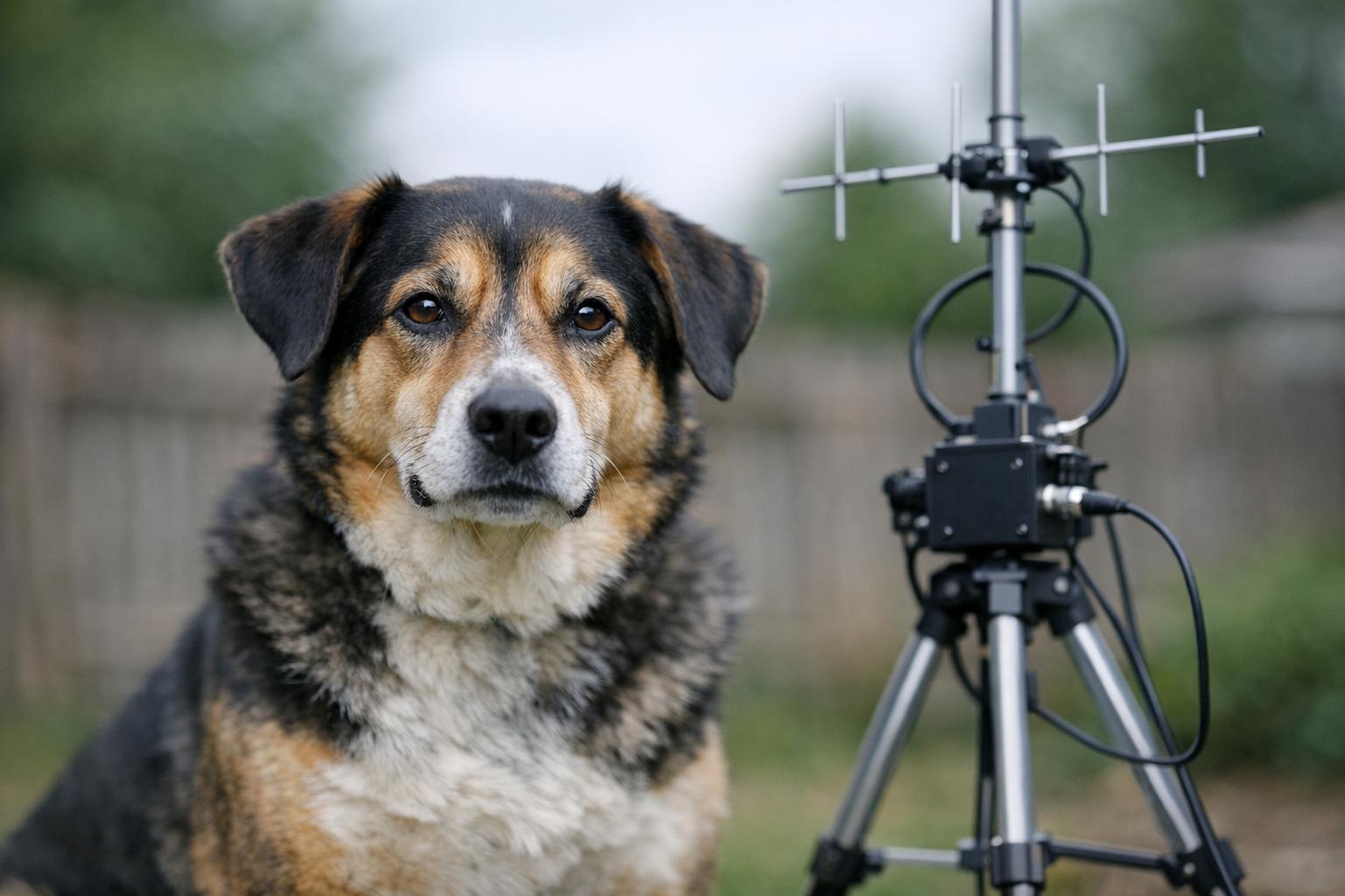 A mixed-breed dog sitting in a backyard near a college radio antenna