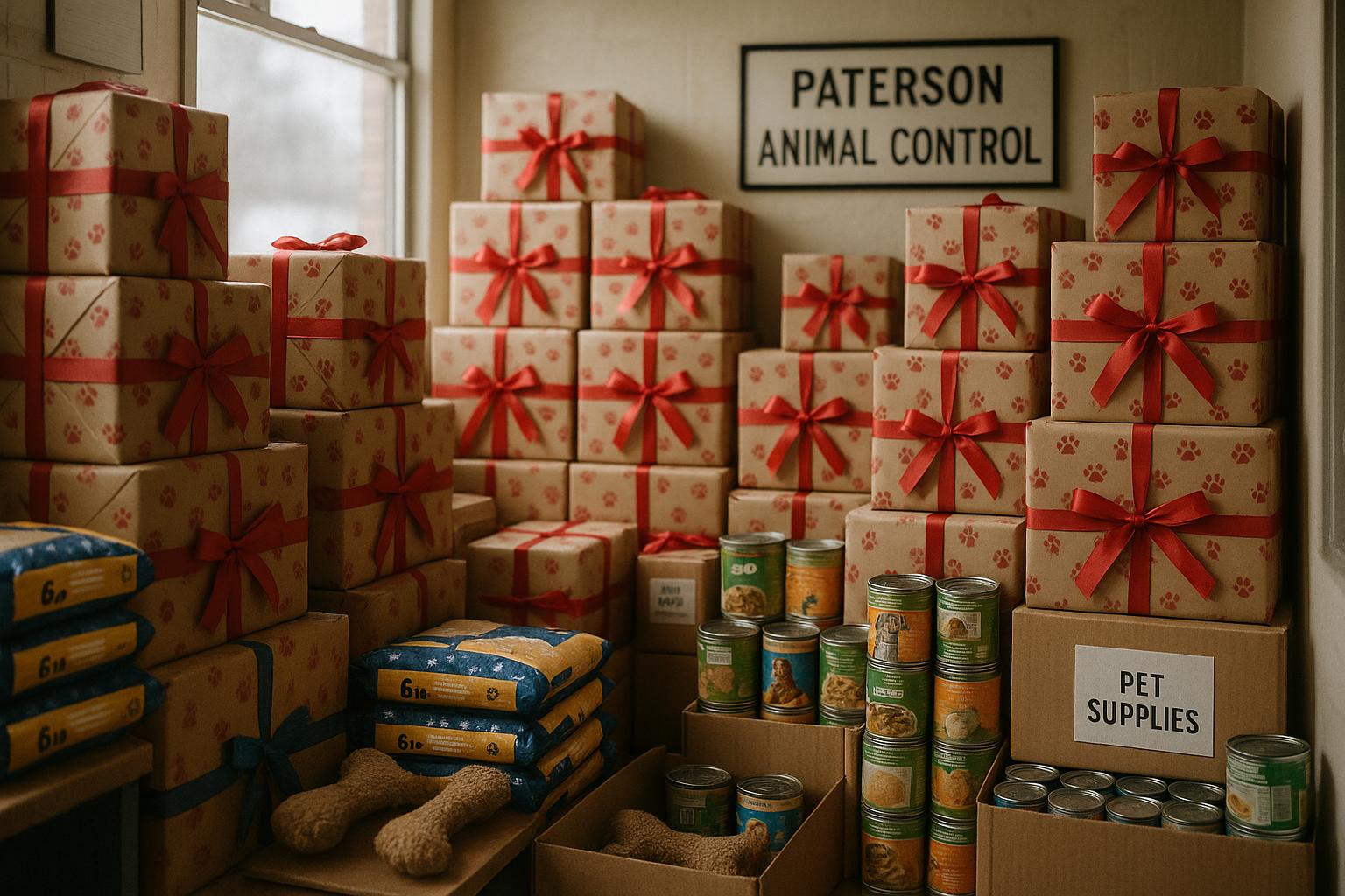 A Paterson animal control office stacked floor to ceiling with wrapped gift boxes and pet food bags, ready for distribution.