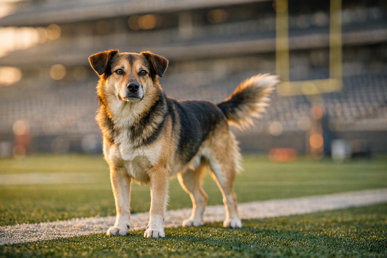 A mixed-breed dog standing on stadium turf at golden hour, with blurred stands in the background