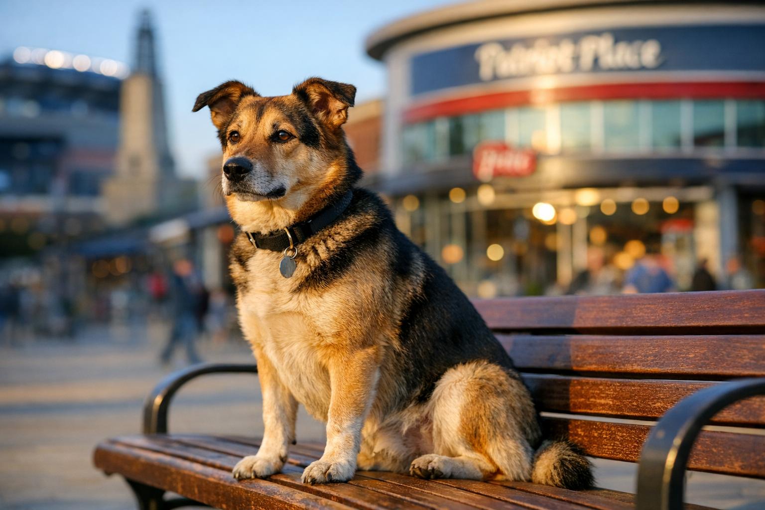 A medium-sized mixed-breed dog sitting at Patriot Place Plaza during golden hour, with stadium shops blurred in the background.