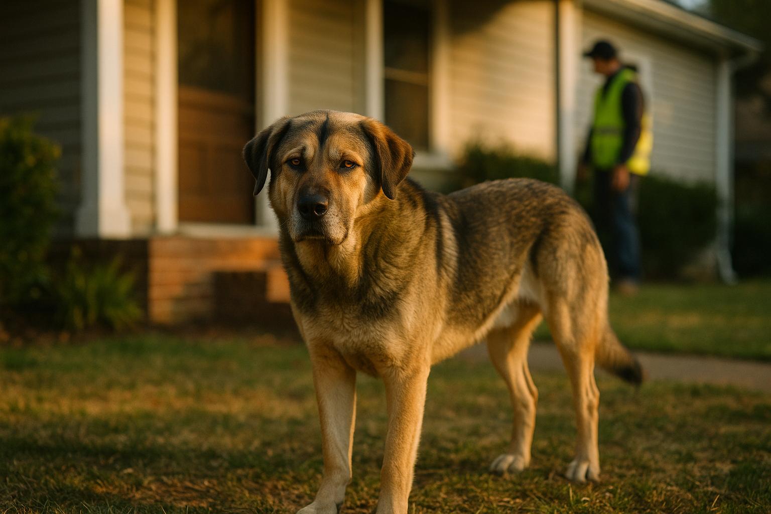 A large working dog standing in a suburban backyard with a blurred figure in a high-visibility vest in the background.