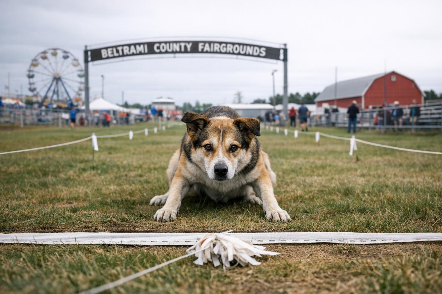 A mixed-breed dog poised at the starting line for a precision coursing run on a grassy fairground, Beltrami County Fairgrounds in the background.