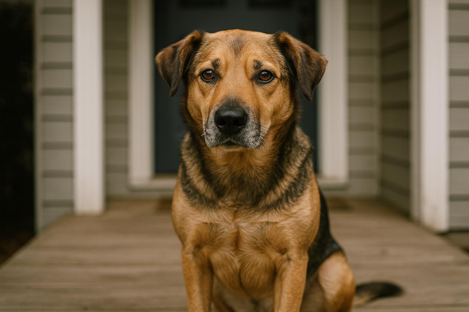 Medium-sized mixed-breed dog sitting calmly on a porch in soft overcast light, close-up portrait showing natural fur texture