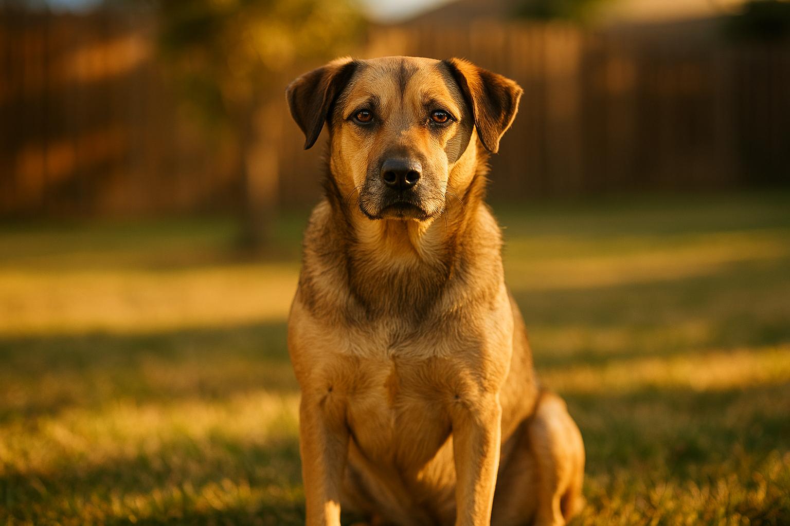 A healthy medium-sized mixed-breed dog sitting in a sunlit suburban backyard