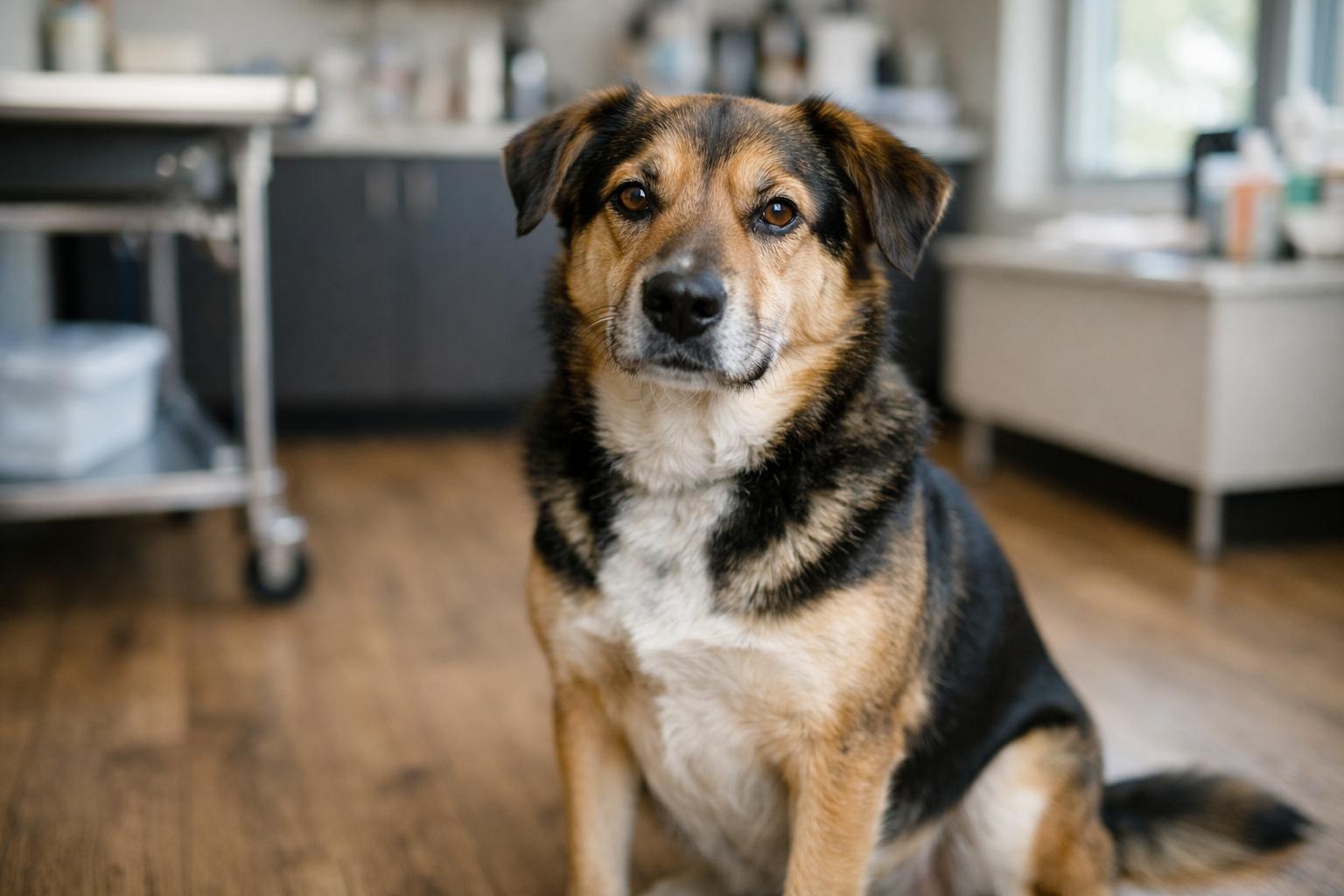 Mixed-breed dog sitting in a veterinary clinic exam room, natural light, close-up portrait