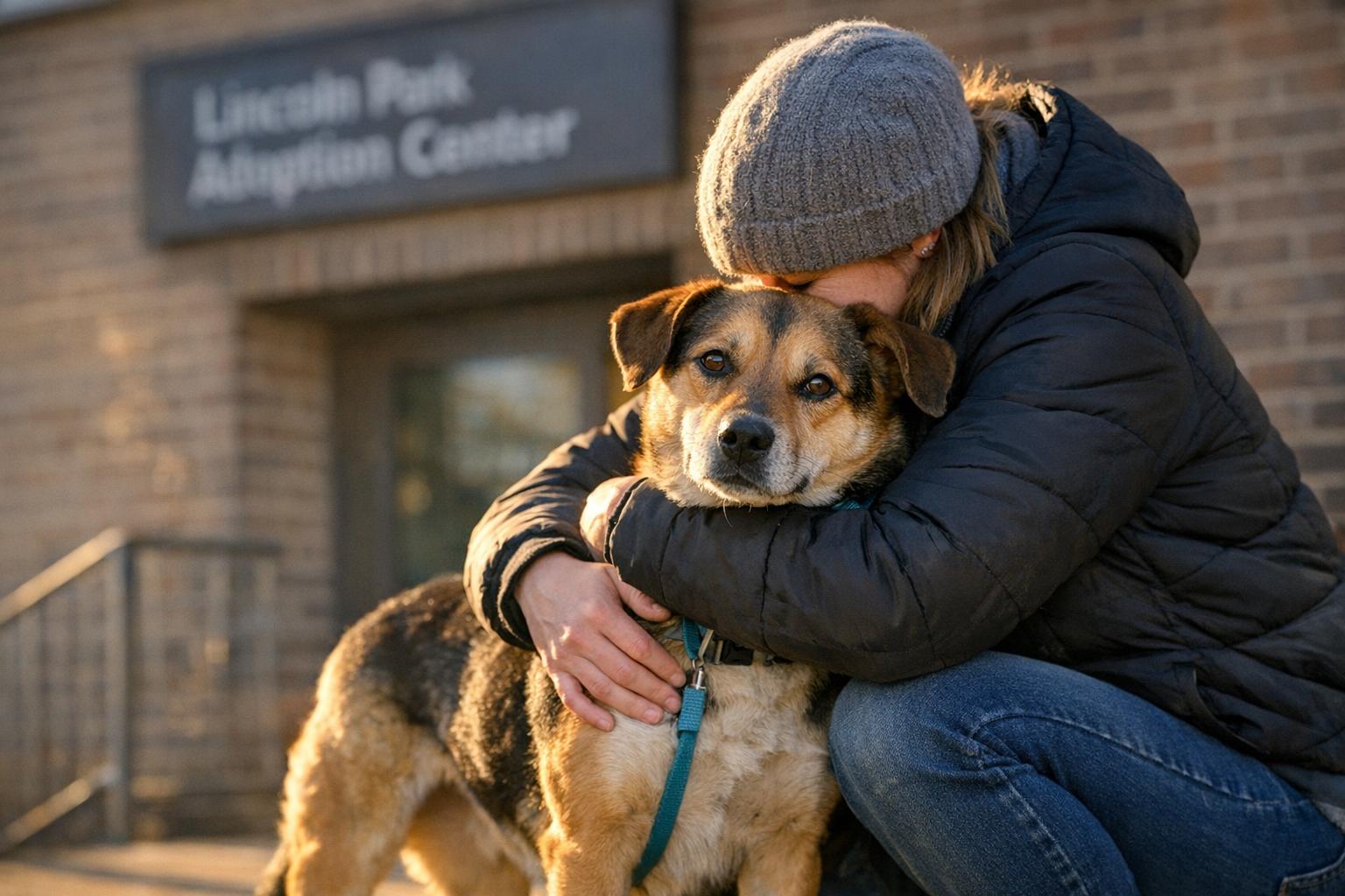 A newly adopted mixed-breed dog being hugged by its adopter outside the Lincoln Park adoption center at dusk